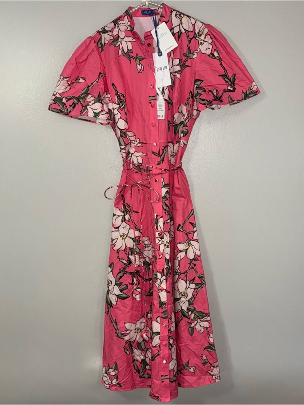 LEO LIN BIANCA SHORT SLEEVE MIDI DRESS IN PINK MAGNOLIA PRINT - Picture 3 of 17